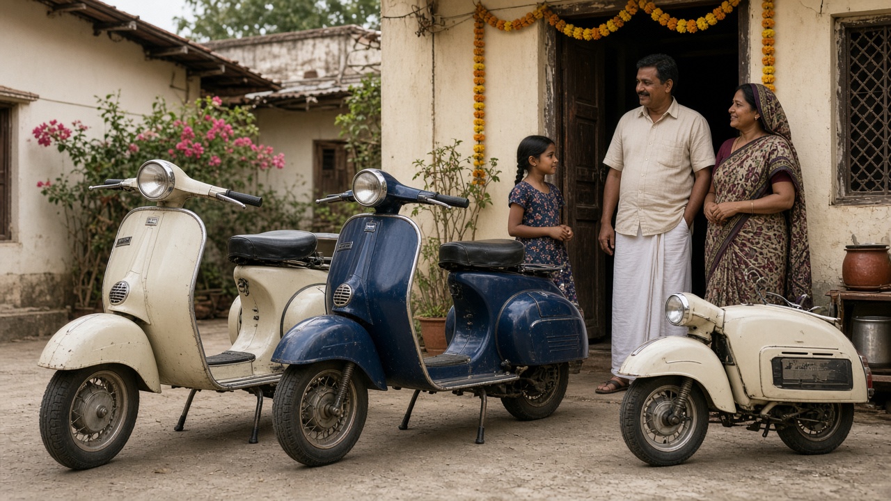 Classic Indian cream and blue geared scooters parked outside an Indian home