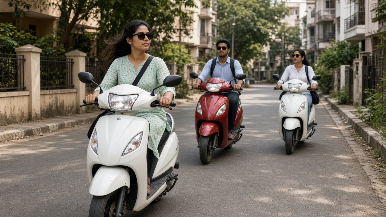 Modern Indian automatic scooters with riders on a residential street