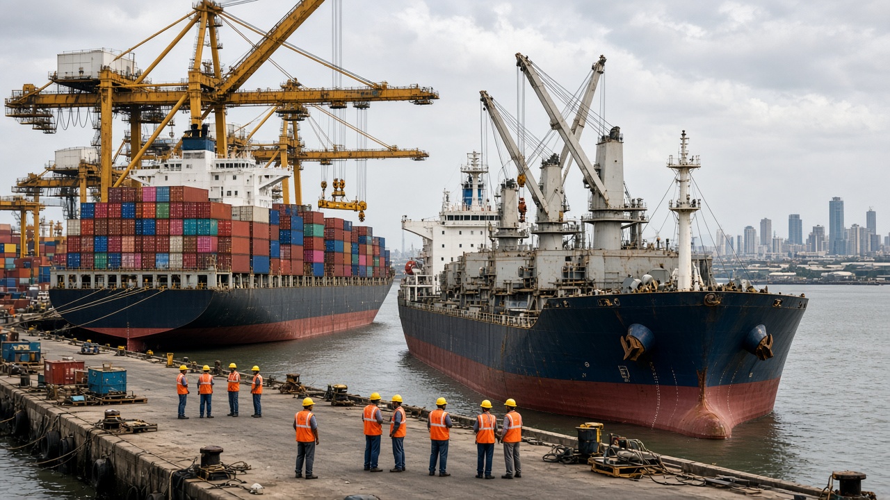 Large cargo container ship at a busy Indian seaport with cranes and shipping containers