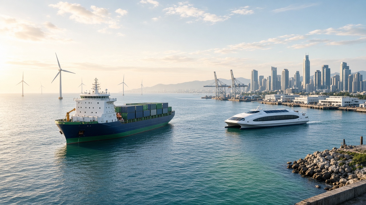 Futuristic green Indian port with eco cargo ship, clean ferry, and wind turbines near the harbor